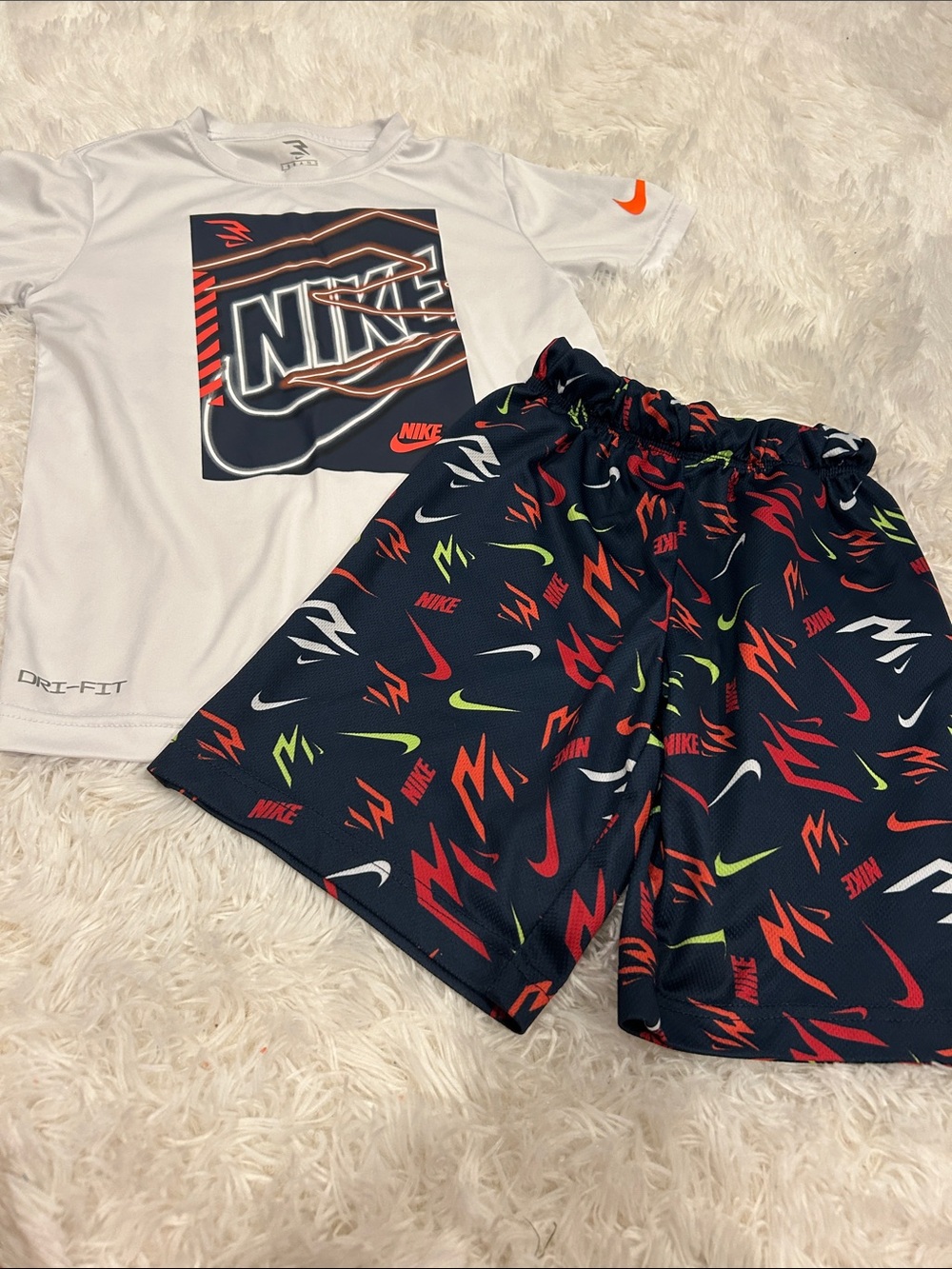 Nike Kids White Dri-FIT Tee with Navy Multicolor Logo Shorts